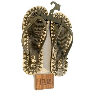 Flojos Dorian Black Flip Flops Thong Sandals Womens -Size 7 Textured Sole Aztec